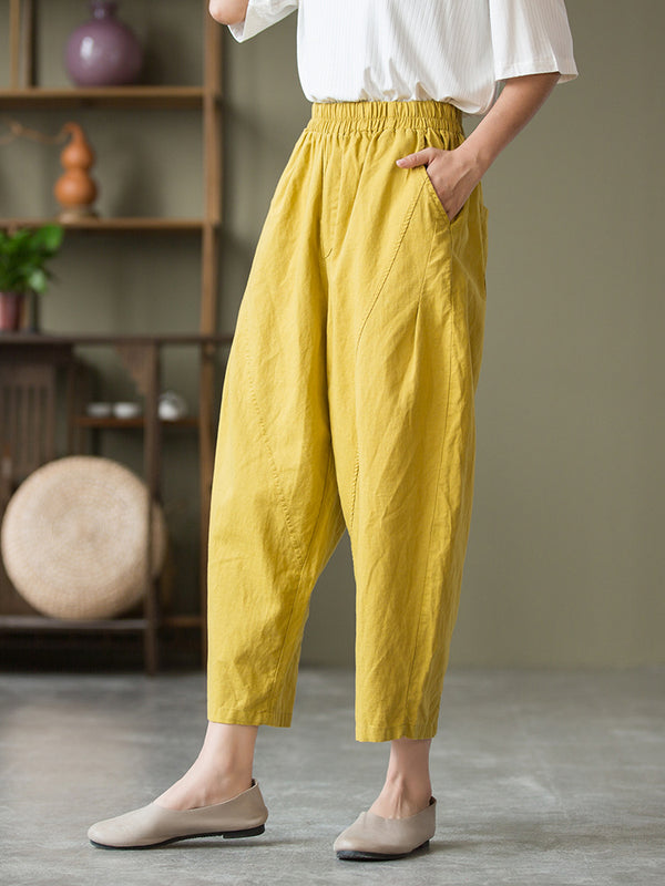 2021 Autumn NEW! Women Lantern Style Linen and Cotton Causal Loose Patchwork Cropped Capris