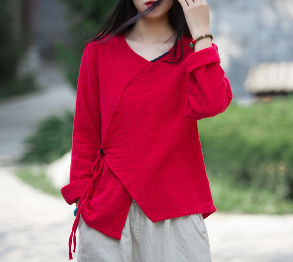 Women Zen Style Linen and Cotton Long Sleeves Side Cardigan Wrinkled Shirt