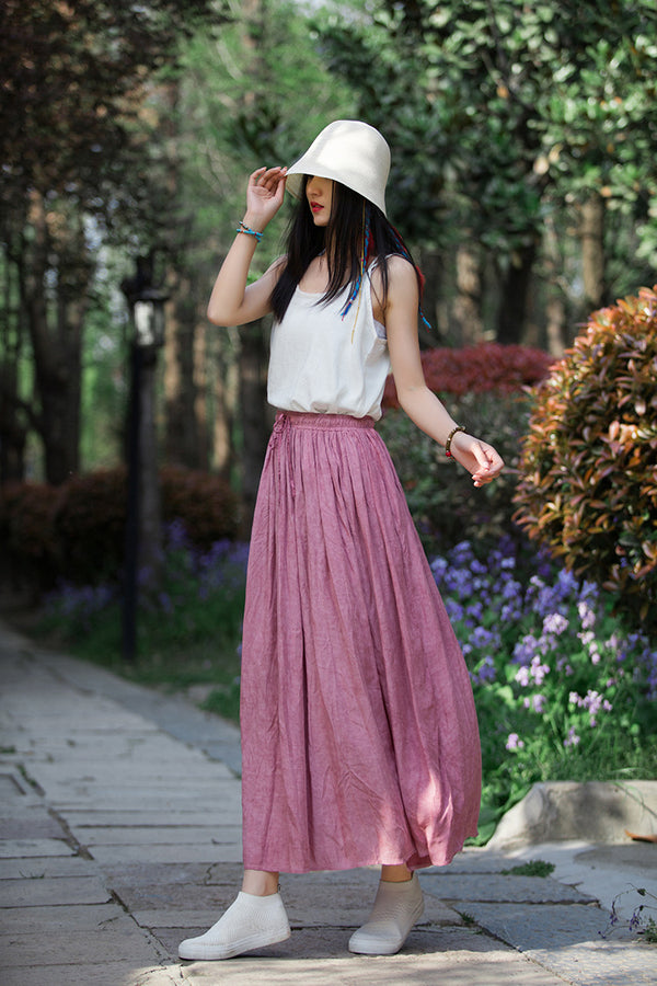 Women Simple Linen and Cotton Loose Accordion Skirt