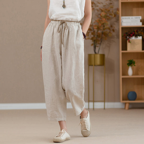 2022 Summer NEW! Women Retro Style Linen and Cotton Waist Belt Cropped Pegged Pants