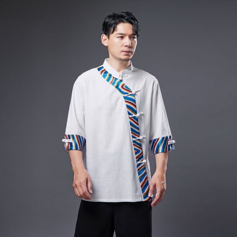 Summer NEW! Men Ethnic Style Linen and Cotton Middle Sleeve Shirts