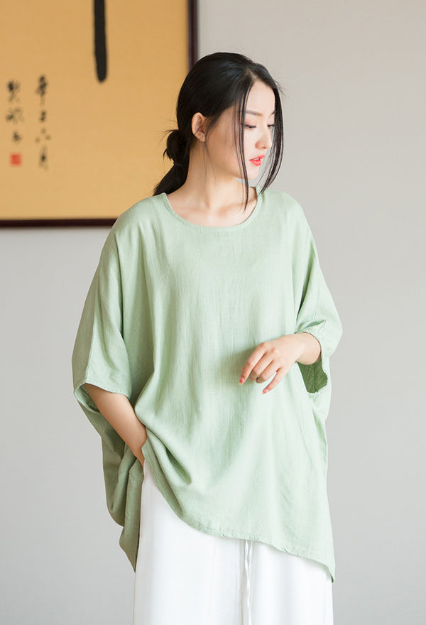 2022 Summer NEW! Women Casual Style Linen and Cotton Long Loose Mid Sleeve T-Shirt