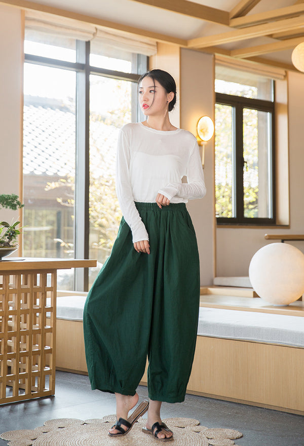 2022 Summer NEW! Women Modern Lantern Style Linen and Cotton Corpped Pants