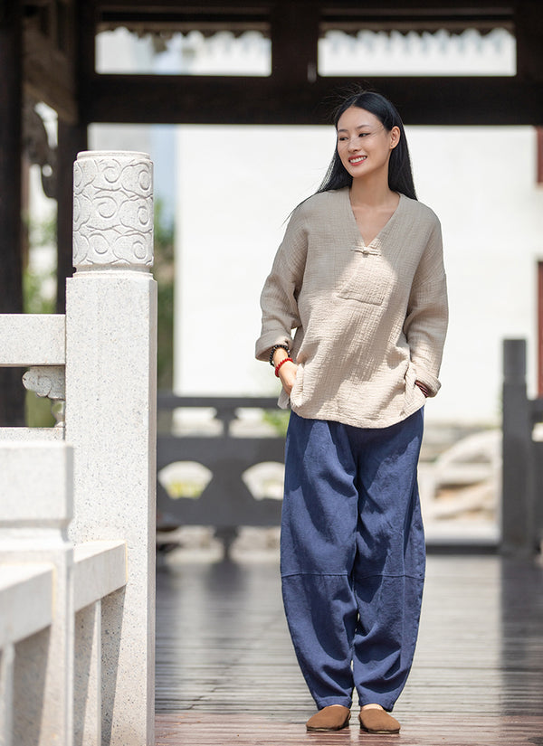 2021 Autumn NEW! Women Asian Style Linen and Cotton Long Sleeves V-necked Chinese Blouse