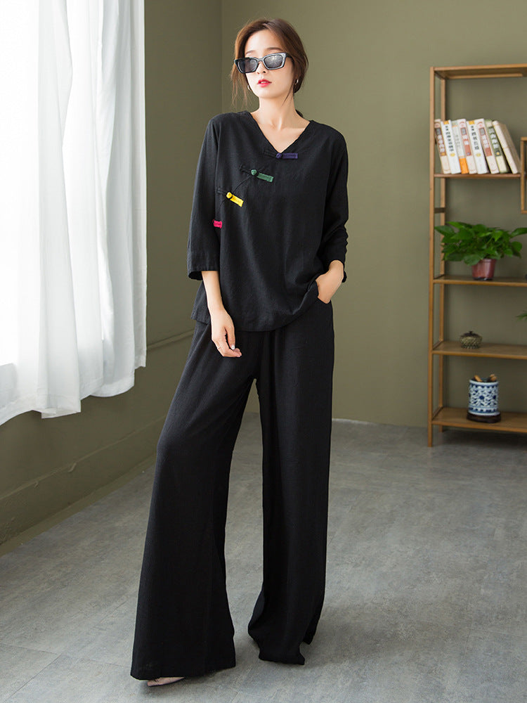 Autumn NEW! Women Round Collar Zen Style Linen and Cotton Long Sleeves Side Cardigan Jacket and Pants