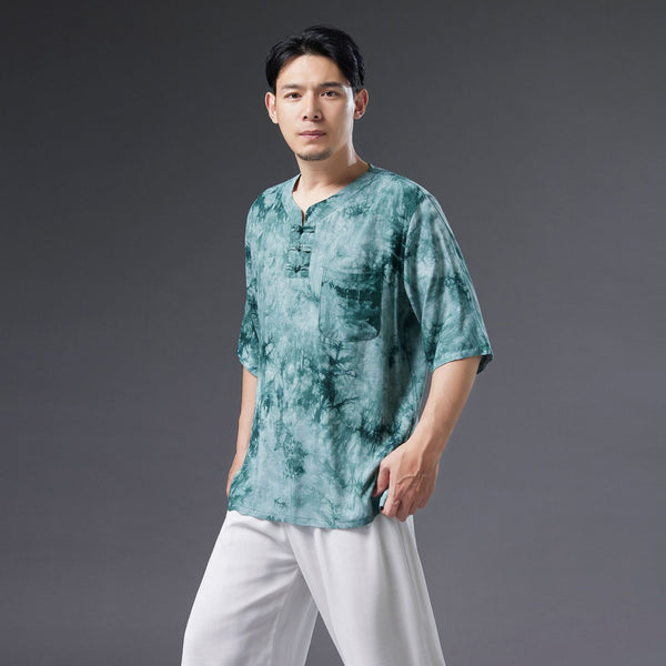 Men Causal Style Linen and Cotton Short Sleeve Dyed Color Tops