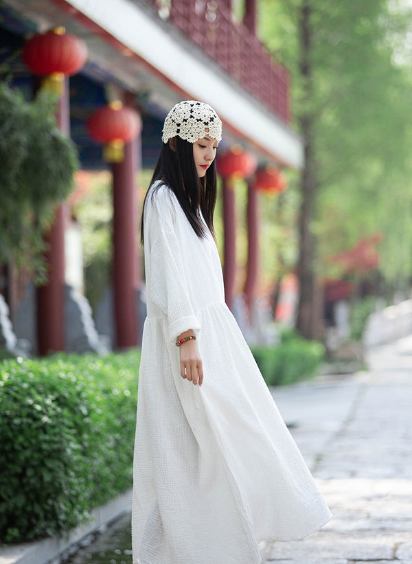 Women Loose Style Wrinkled Linen and Cotton Long Sleeve Dress