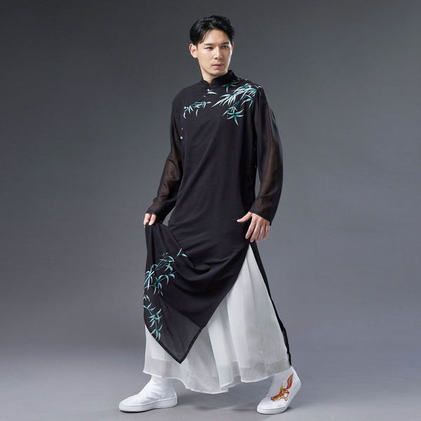 Men Classic Asian Style Linen Long Sleeve Round Collar Bamboo Printed Cheongsam