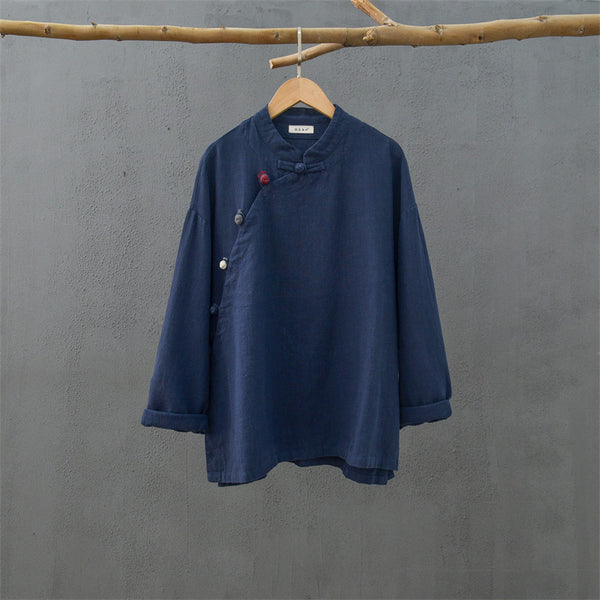 2021 Autumn NEW! Women Retro Chinese Style Linen and Cotton Side Buckle Collar Blouse