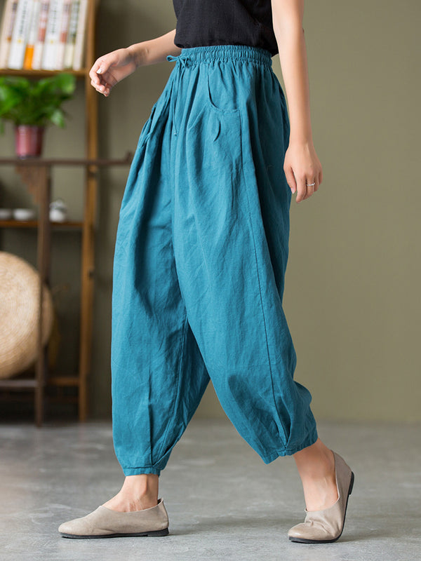 2021 Autumn NEW! Women Lantern Style Linen and Cotton Causal with Waist Belt Loose Cropped Pants