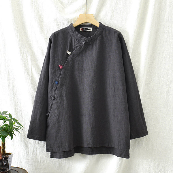 Women Round Collar Zen Style Linen and Cotton Long Sleeves Side Cardigan Shirt