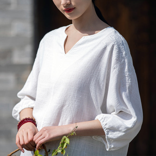 2022 Summer NEW! Women Simple Style Wrinkled Linen and Cotton V Necked Bracelet Sleeves Shirt