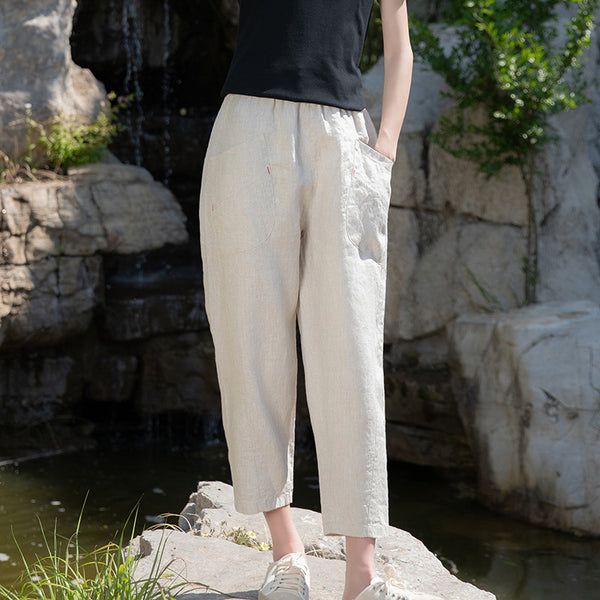 2022 Summer NEW! Women Retro Style Sand Washed Linen and Cotton Font Pocket Pegged Pants