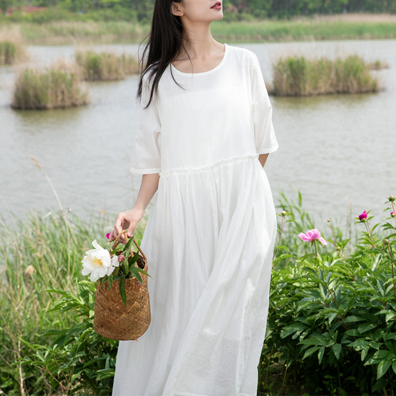 Summer NEW! Women Loose Linen and Cotton Round Neck Middle Sleeve Maxi Dress