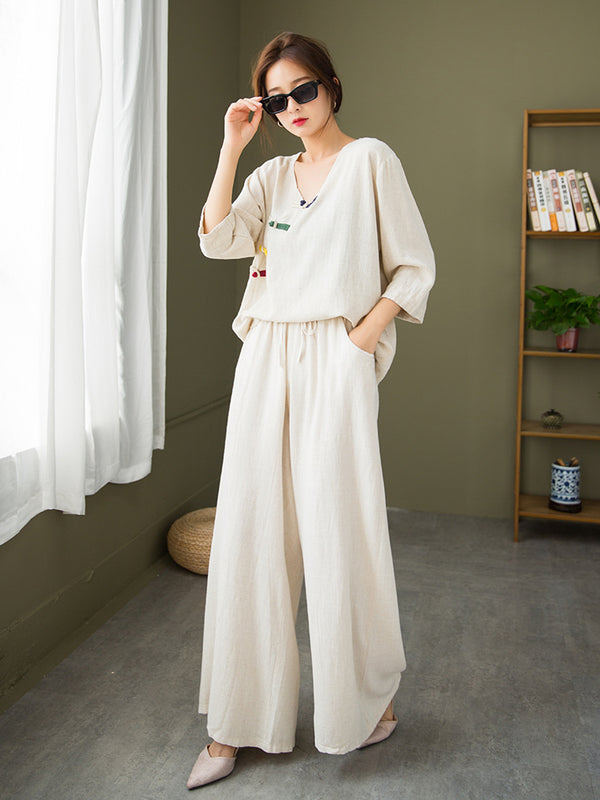 2021 Autumn NEW! Women Round Collar Zen Style Linen and Cotton Long Sleeves Side Cardigan Jacket and Pants
