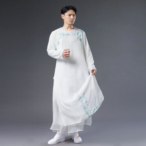 Men Classic Asian Style Linen Long Sleeve Round Neck Bamboo Printed Cheongsam