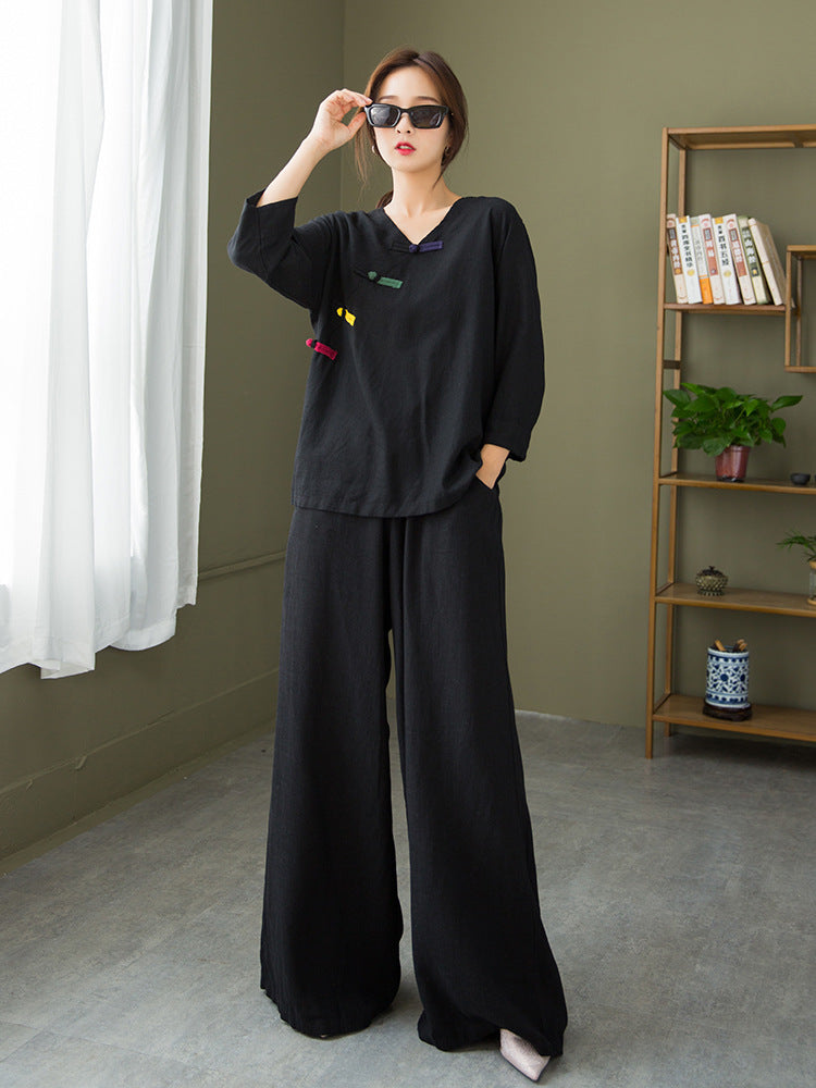 Autumn NEW! Women Round Collar Zen Style Linen and Cotton Long Sleeves Side Cardigan Jacket and Pants
