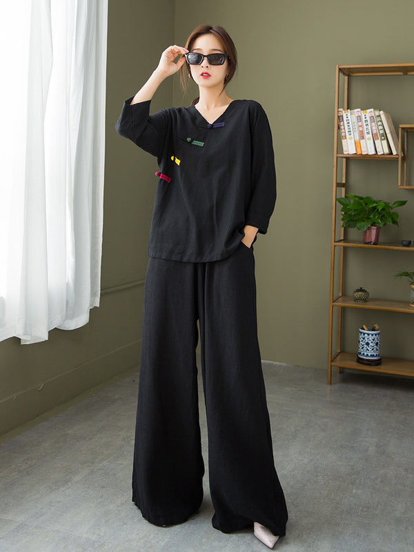 2021 Autumn NEW! Women Round Collar Zen Style Linen and Cotton Long Sleeves Side Cardigan Jacket and Pants