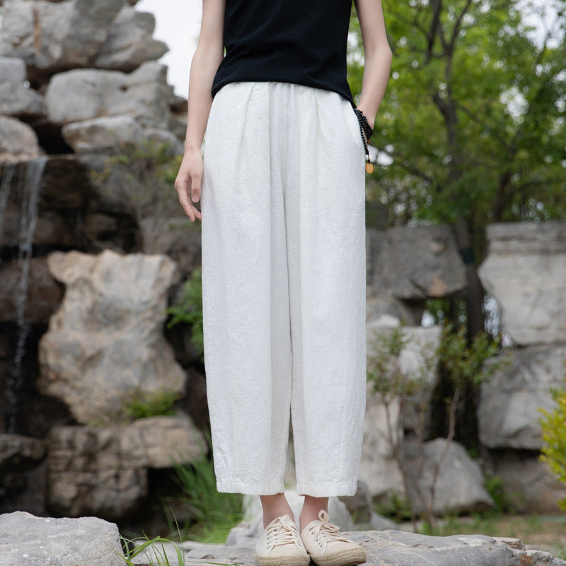 2022 Summer NEW! Women Retro Style Sand Washed Linen and Cotton Wide Leg  Pants