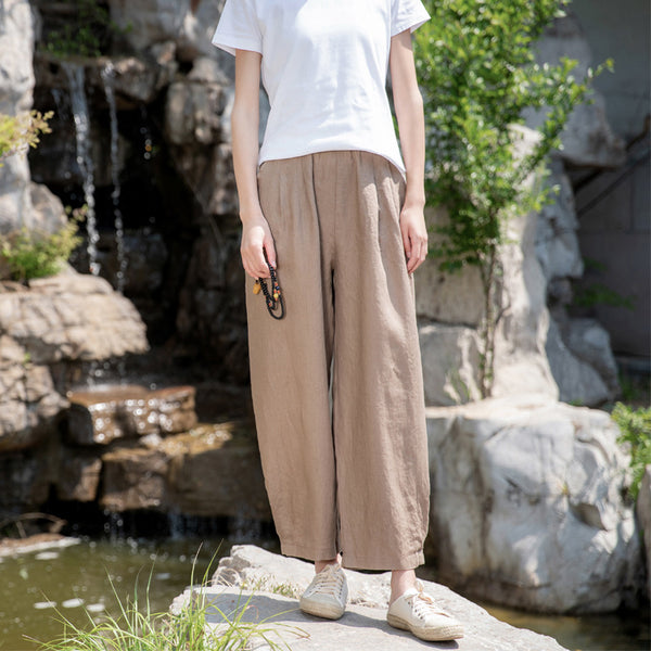 2022 Summer NEW! Women Simple Causal Lantern Style Sand Washed Linen and Cotton Cropped Pants