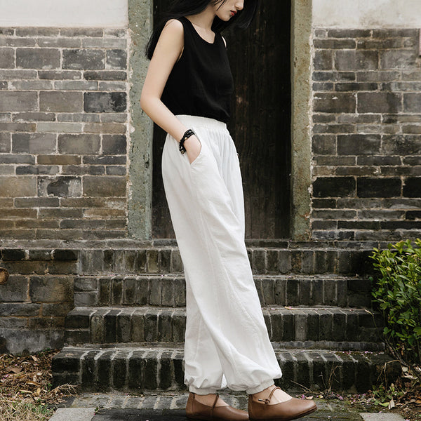 Women Retro Causal Lantern Style Linen and Cotton Patchwork Pants