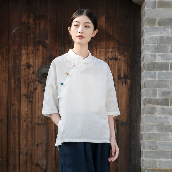 2022 Summer NEW! Women Chinese Ethnic Style Linen and Cotton Mid-length Sleeves Shirt