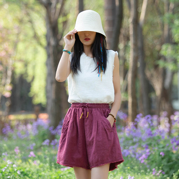 Women Simple Style Linen and Cotton Loose Shorts