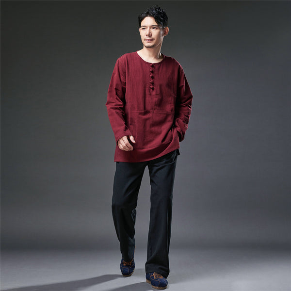 2021 Autumn NEW! Men Retro Style Linen and Cotton Pullover Long Sleeve T-shirt