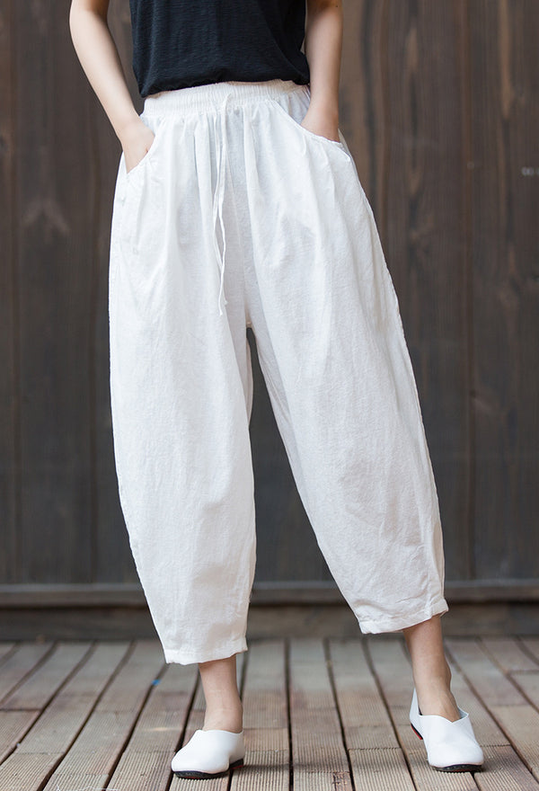 2022 Summer NEW! Women Modern Style Sand Washed Linen and Cotton Lantern Cropped Pants