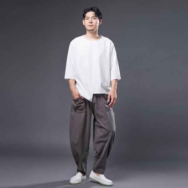 2022 Summer NEW! Men Pure Color Linen and Cotton Middle Sleeve T-Shirts