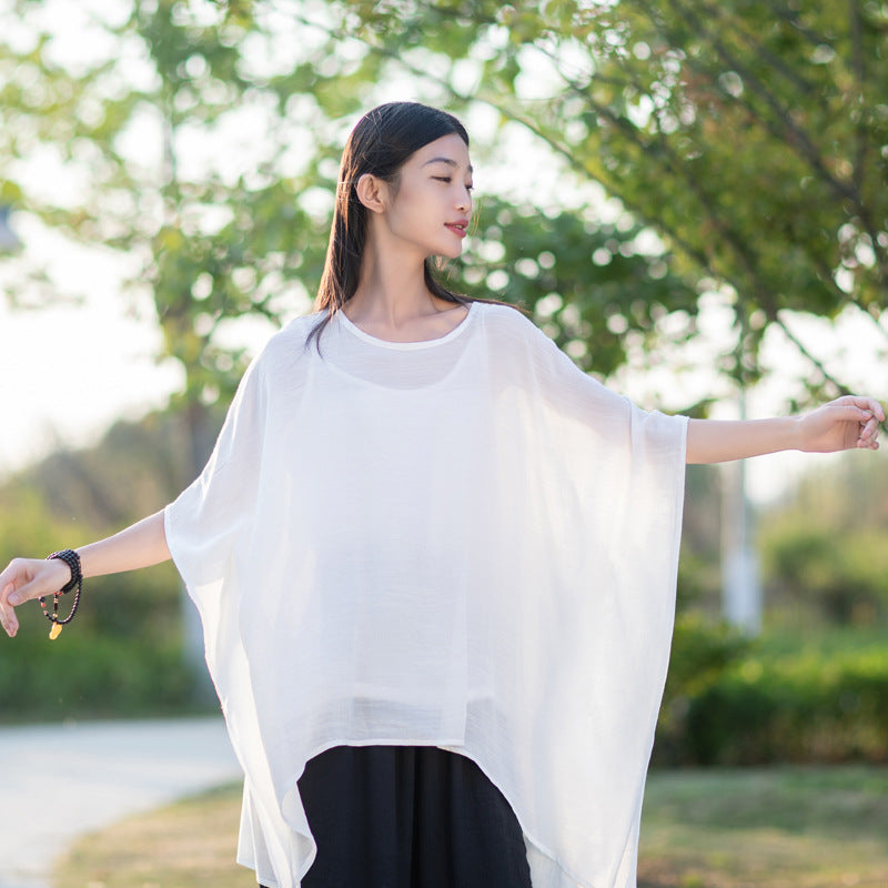 Summer NEW! Women Modern Loose Style Linen and Cotton Round Necked Elbow Sleeves Shirt