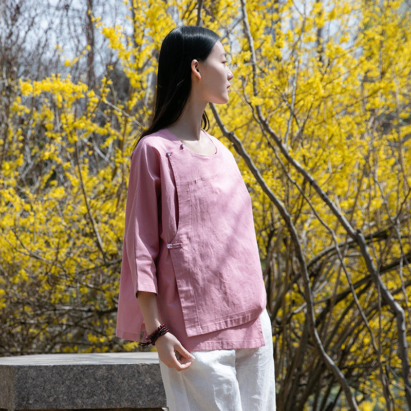Women Modern Style Linen and Cotton Middle Sleeves Chinese Blouse