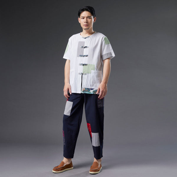 Men Casual Retro Style Patchwork Linen and Cotton Loose Drawstring Pants