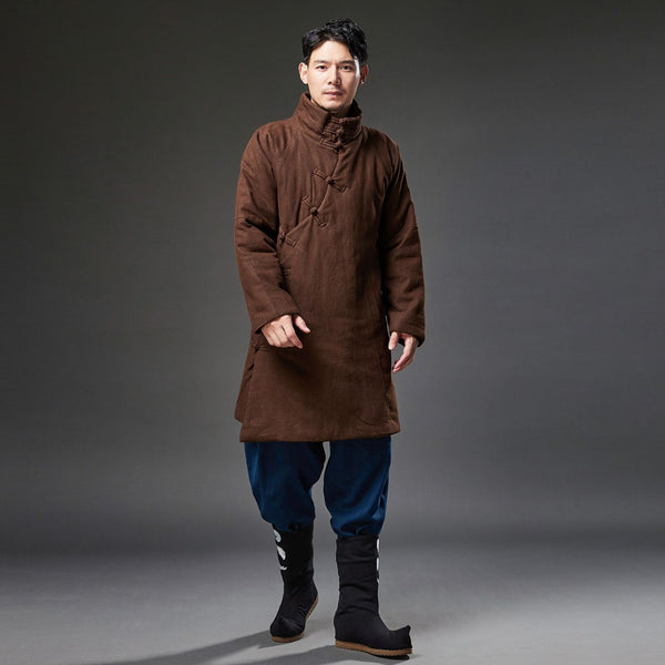 2021 Winter NEW! Men Retro Style Linen and Cotton Quilted Side Buckle Coat