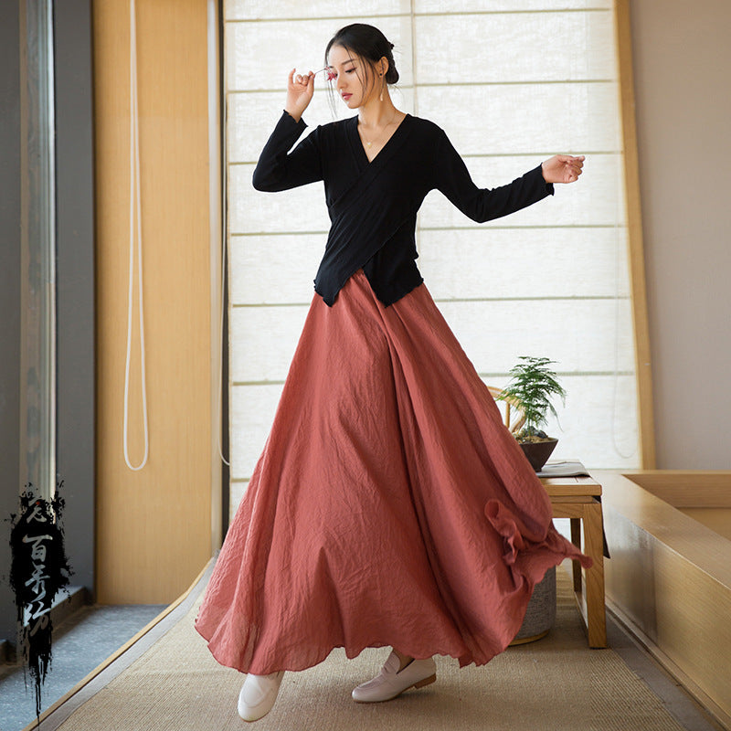 Summer NEW! Women Causal Style Lantern Leisure Linen and Cotton Maxi Skirt