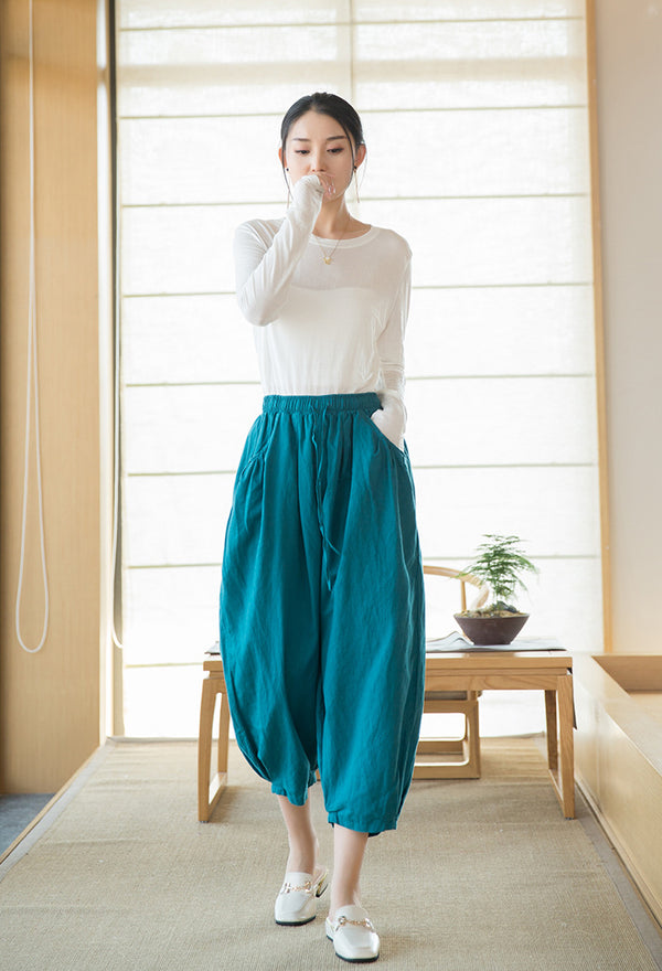 2022 Summer NEW! Women Modern Style Sand Washed Linen and Cotton Lantern Cropped Pants