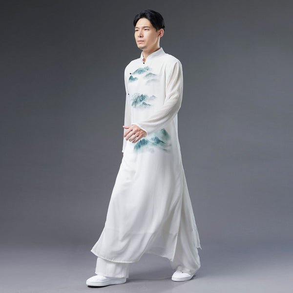 Men Classic Asian Style Linen Long Sleeve Round Collar Landscaping Printed Cheongsam