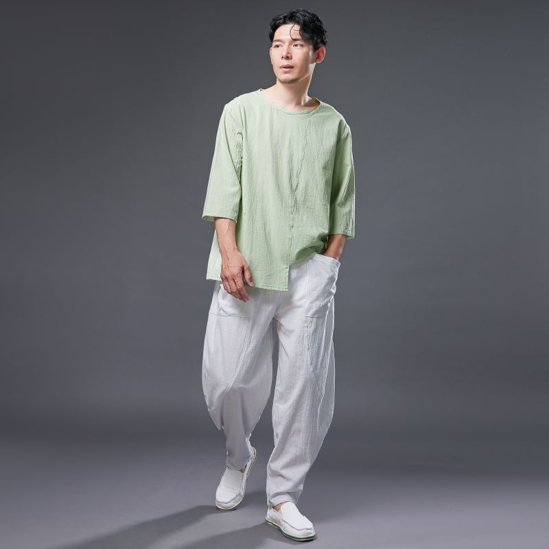 Summer NEW! Men Pure Color Linen and Cotton Middle Sleeve T-Shirts