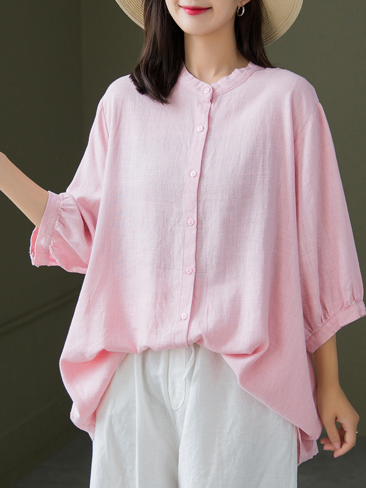 Women Casual Style Sand-washed Linen and Cotton Long Sleeve Shirt