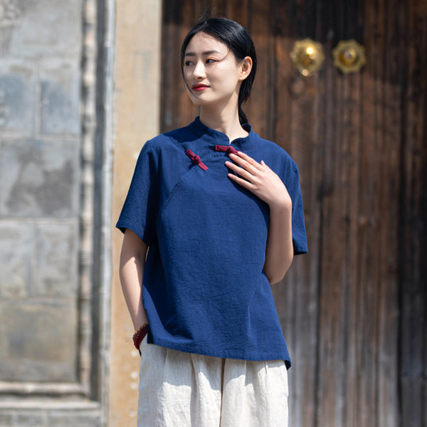2022 Summer NEW! Women Eastern Ethnic Style Wrinkled Linen and Cotton Short Sleeves Shirt