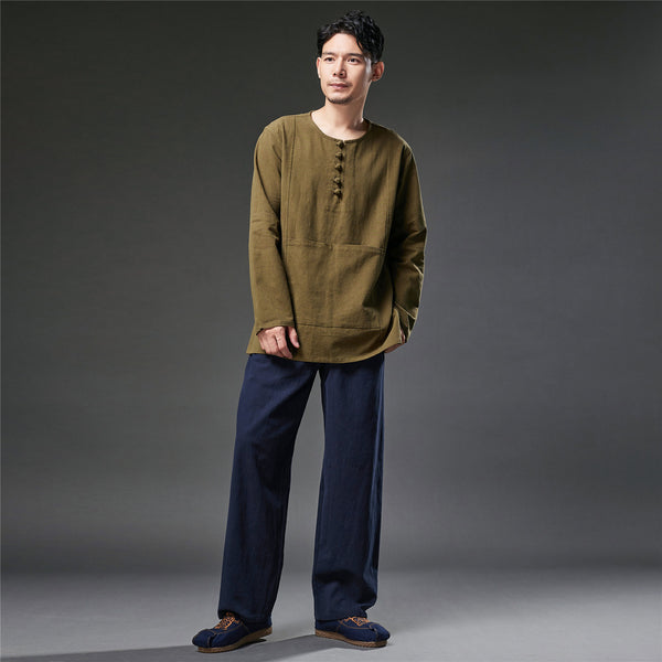 2021 Autumn NEW! Men Retro Style Linen and Cotton Pullover Long Sleeve T-shirt