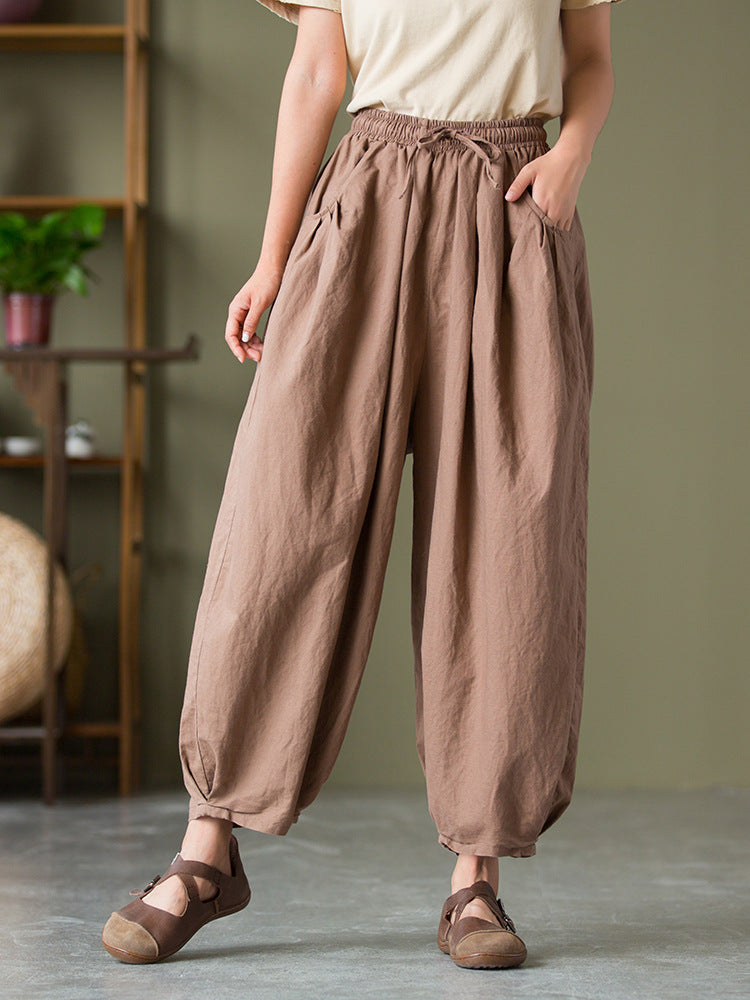 Autumn NEW! Women Lantern Style Linen and Cotton Causal with Waist Belt Loose Cropped Pants