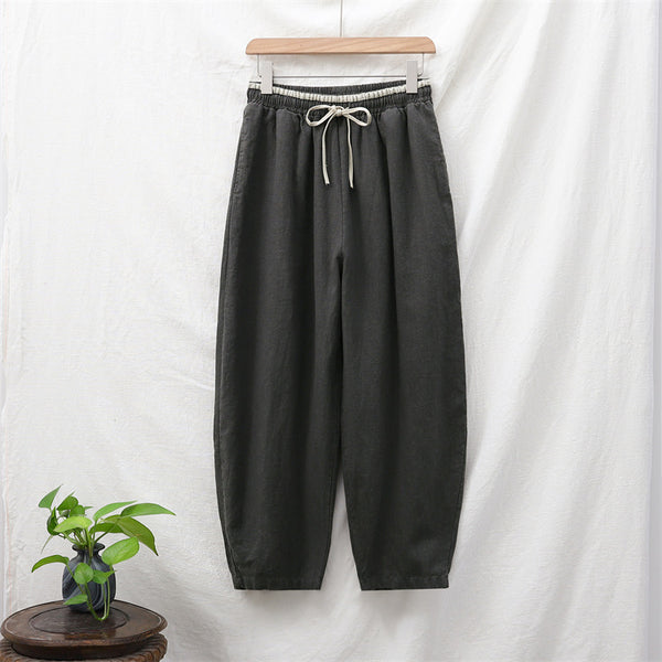 2021 Autumn NEW! Women Lantern Style Linen and Cotton Causal Loose with Waist Belt Cropped Pants