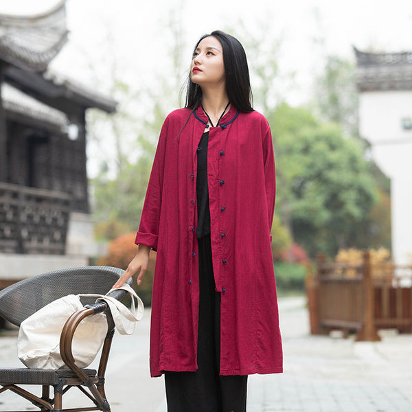 Women Round Collar Asian Style Linen and Cotton Long-sleeved Coat