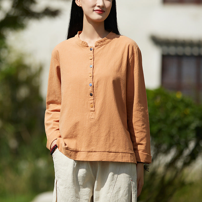 Autumn NEW! Women Simple Light Style Linen and Cotton Pure Color Top Buckle Blouse Shirt