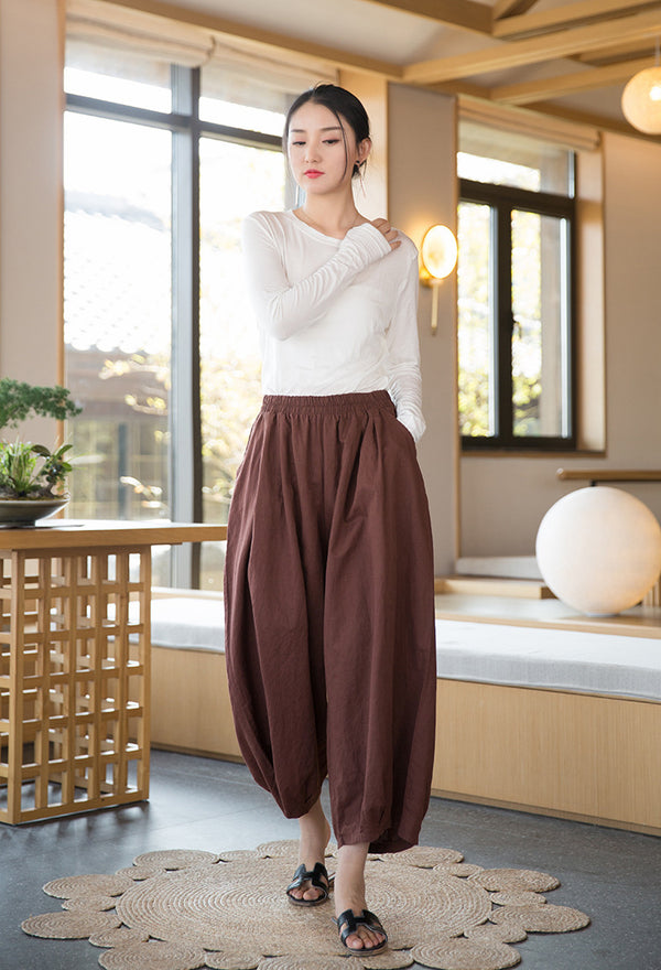 2022 Summer NEW! Women Modern Lantern Style Linen and Cotton Corpped Pants