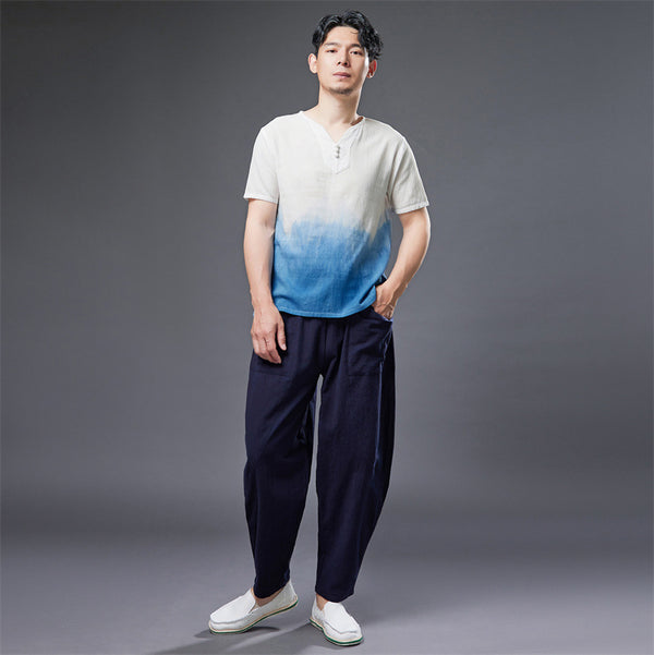 2022 Summer NEW! Men Natural Dyed Linen and Cotton Short Sleeve T-Shirts