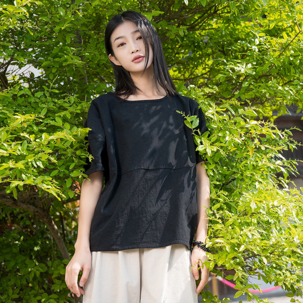 2022 Summer NEW! Women Causal Style Linen and Cotton Round Necked Short Sleeves Shirt