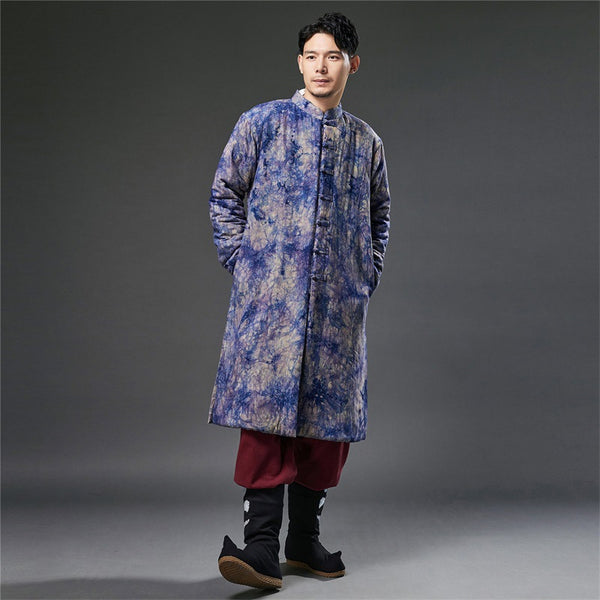 2021 Winter NEW! Men Retro Blue Dyed Linen and Cotton Quilted Tunic Type Coat