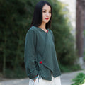 Women Zen Style Linen and Cotton Long Sleeves Side Cardigan Wrinkled Shirt